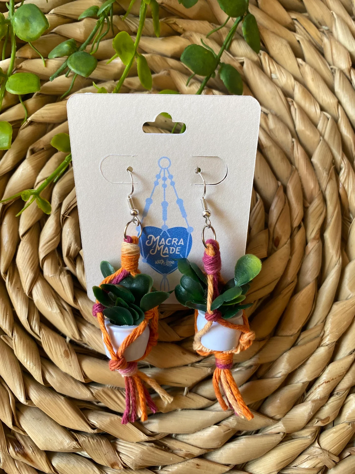 Mini macrame plant hanger earrings made with recycled cotton