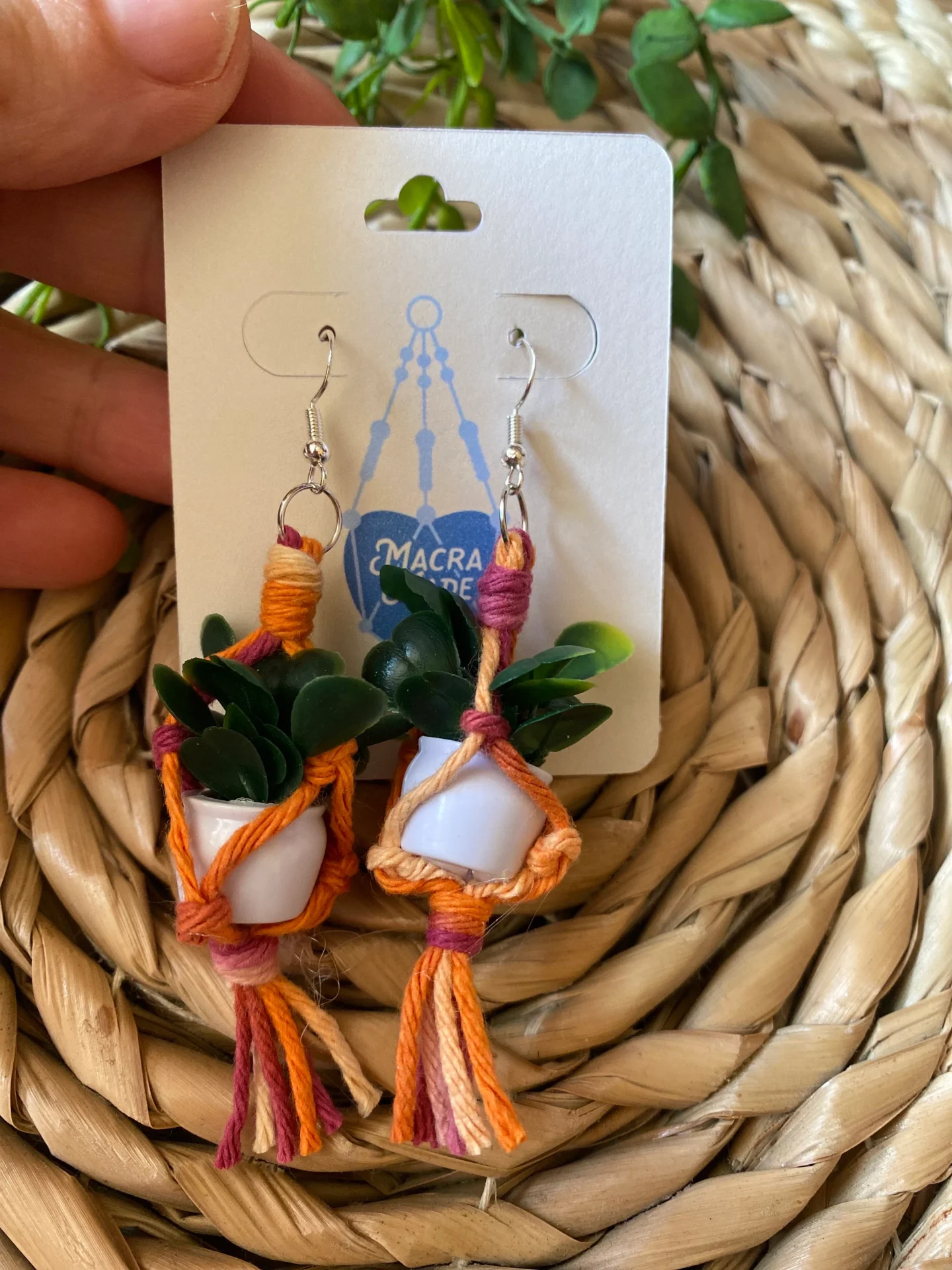 Mini macrame plant hanger earrings made with recycled cotton