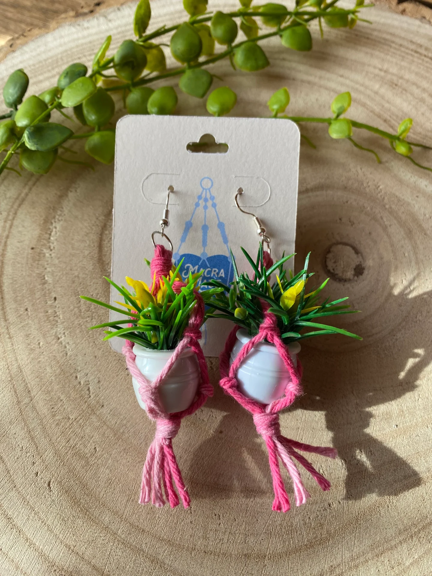 Mini macrame plant hanger earrings made with recycled cotton