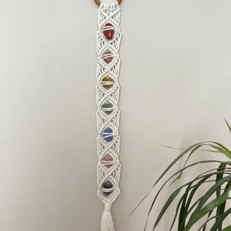 Rainbow Chakra Macrame gemstone wall hanging made with recycled cotton