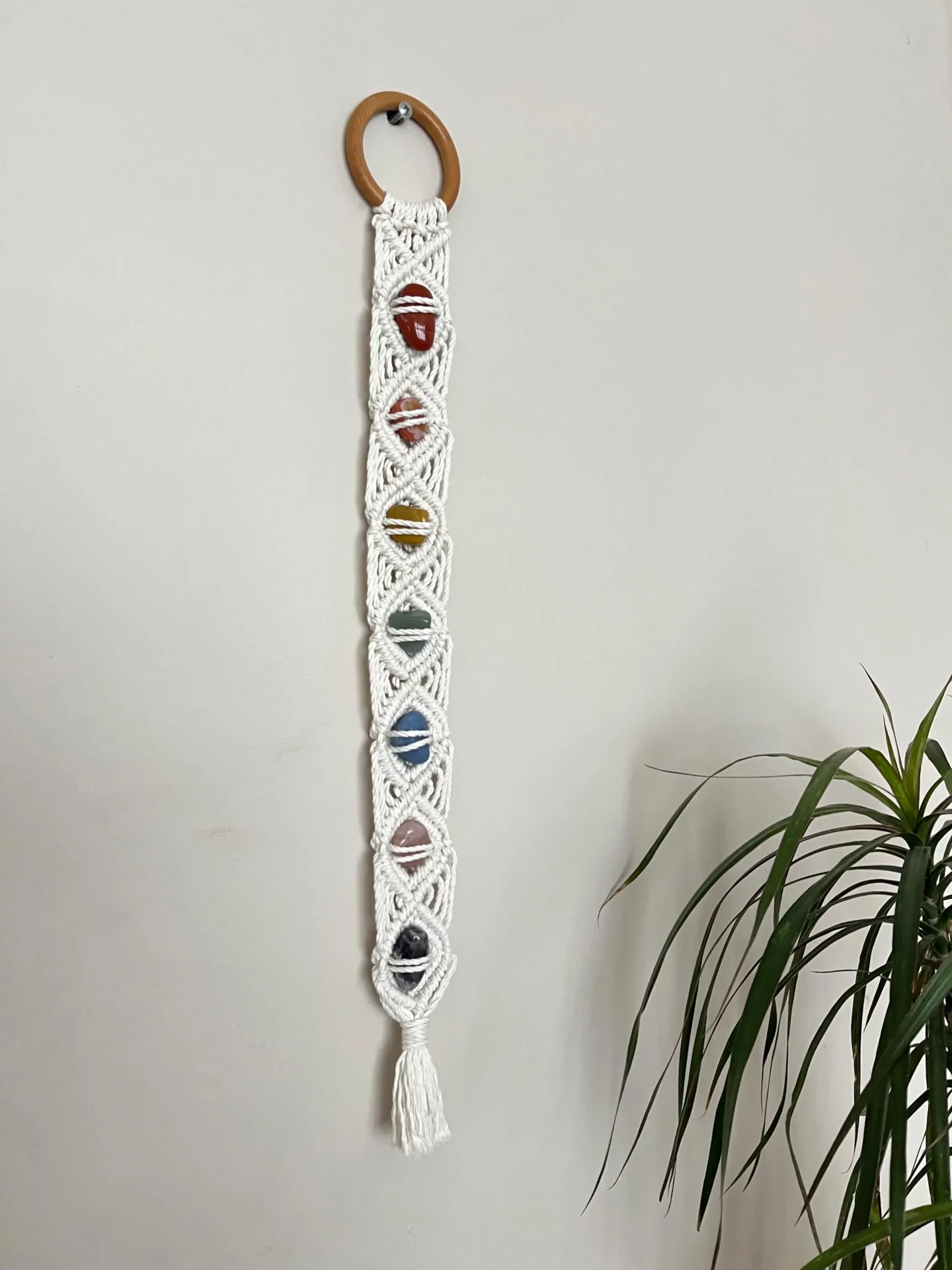 Rainbow Chakra Macrame gemstone wall hanging made with recycled cotton