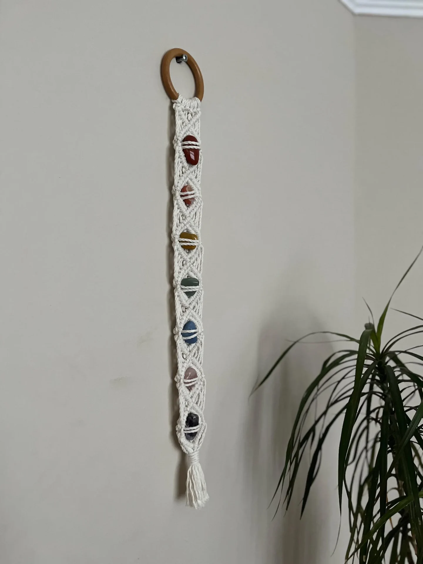 Rainbow Chakra Macrame gemstone wall hanging made with recycled cotton