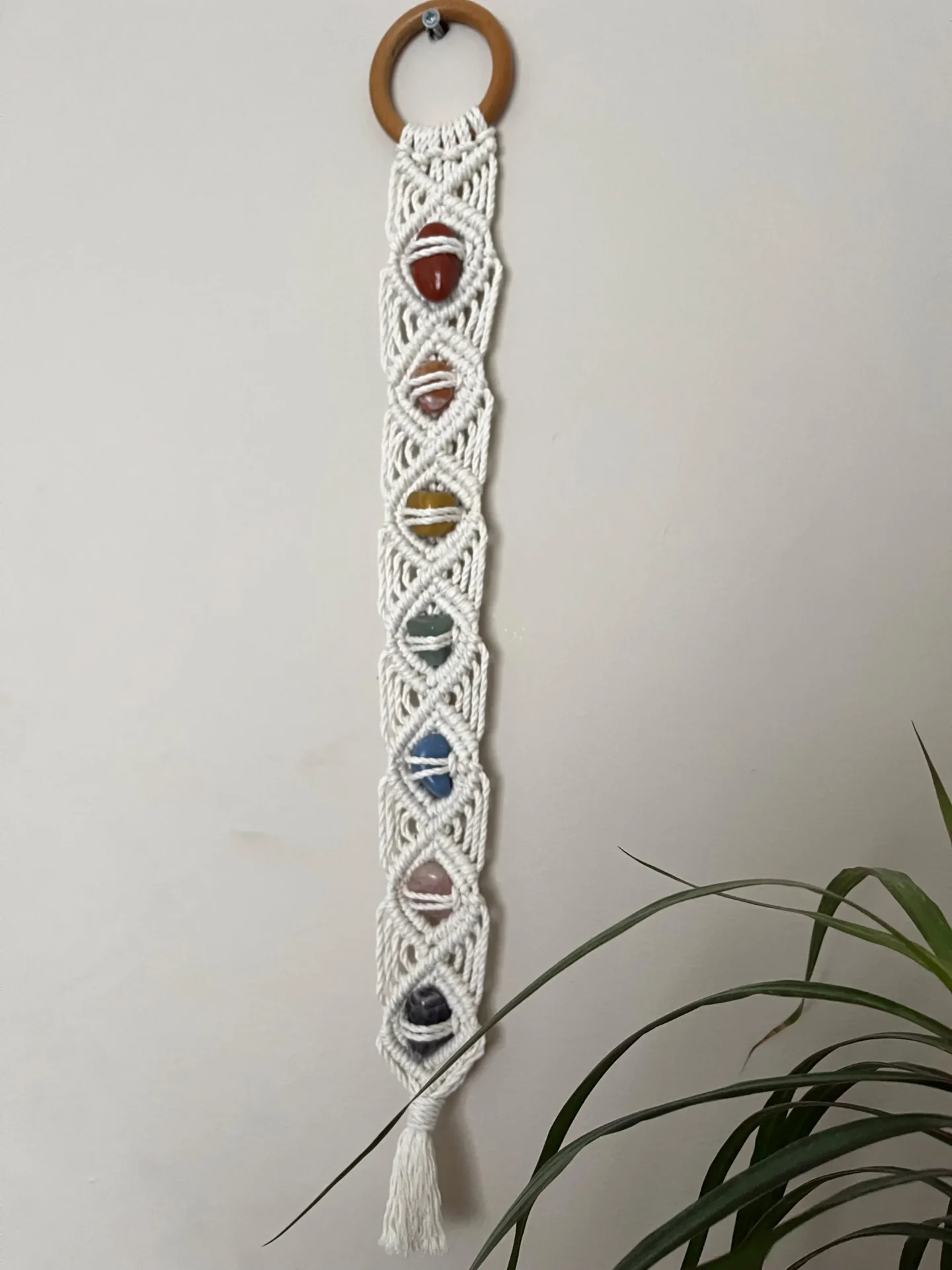 Rainbow Chakra Macrame gemstone wall hanging made with recycled cotton