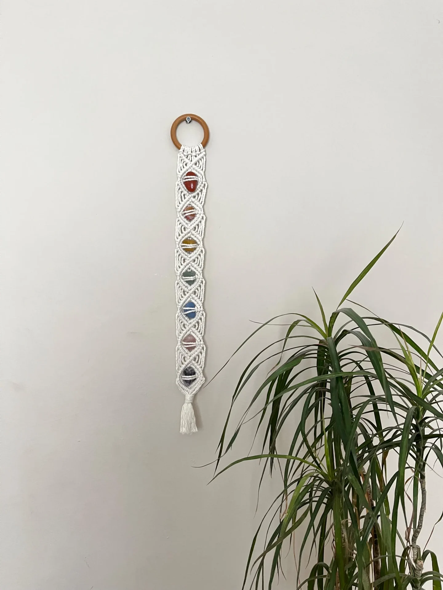 Rainbow Chakra Macrame gemstone wall hanging made with recycled cotton