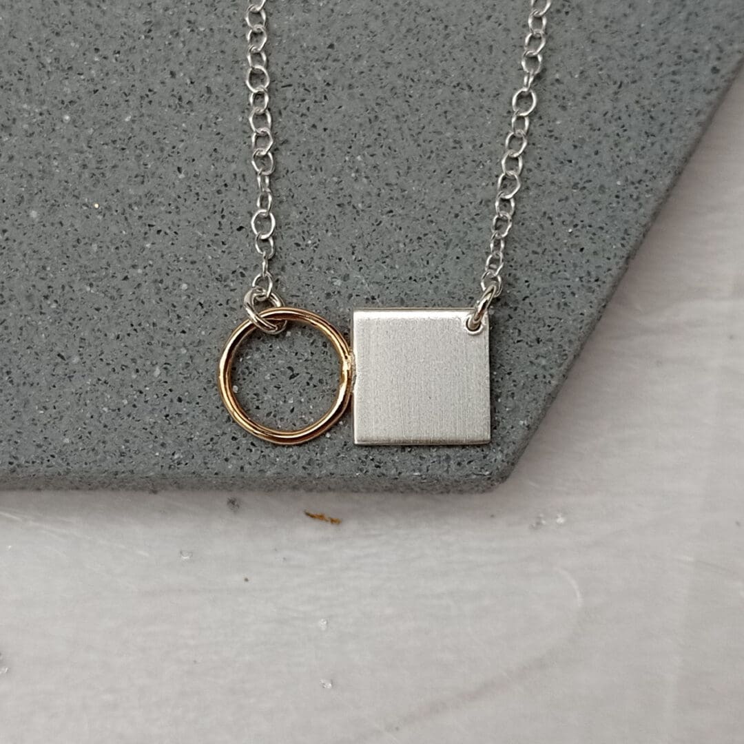 recycled sterling silver square and filled gold wire necklace