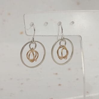 recycled sterling silver circle wire and filled gold wire drop earrings