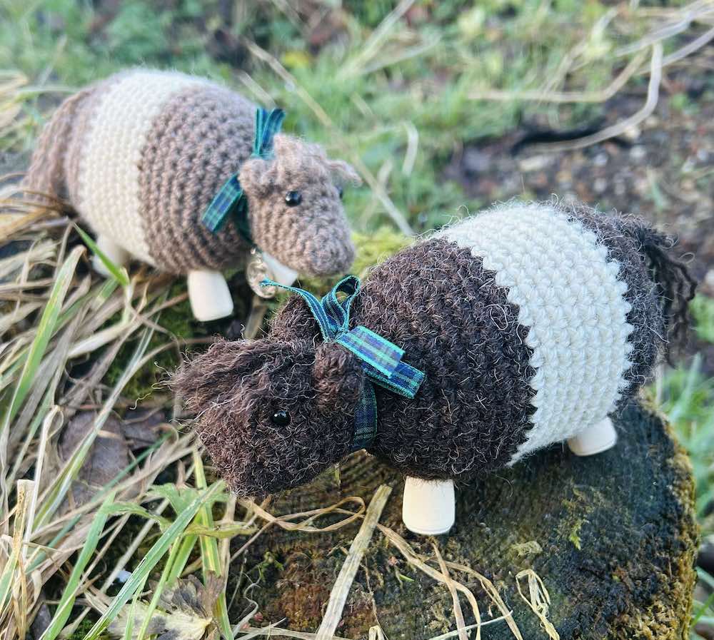 Two crocheted Bo' Beltie Galloway cows sit on top of a grassy stone. Dark brown and light brown with a white stripe around their stomachs. Tartan ribbon around the necks with a silver Scottish thistle charm. Wooden legs. Design by Midge Porter. Design of a cow breed from Scotland.