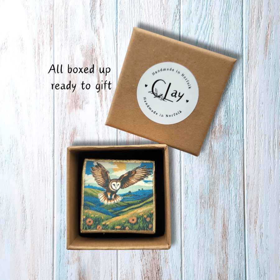 Handmade clay brooch shown in its perfectly sized gift box