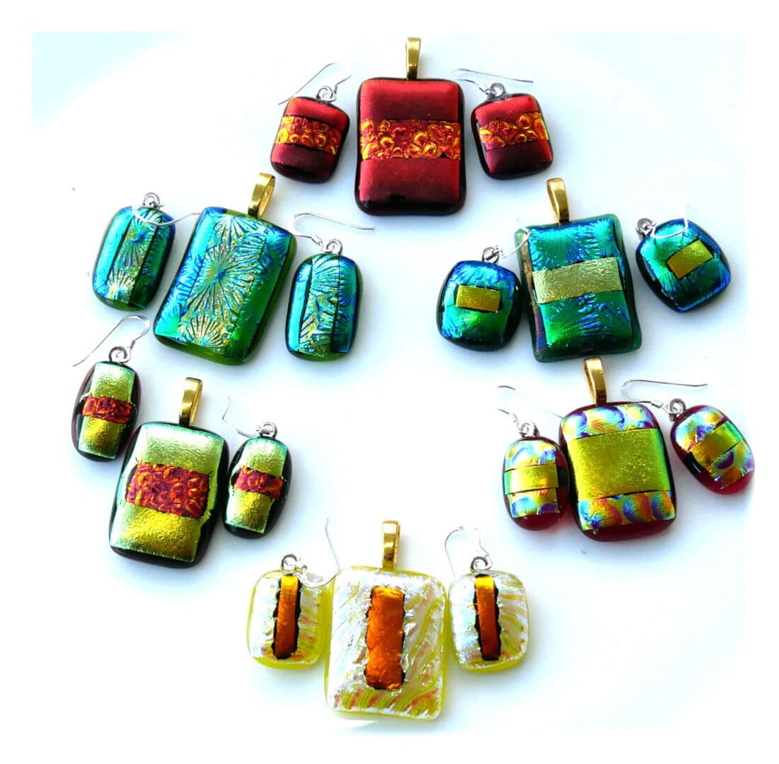 Dichroic Fused Glass Pendant Earring Set 5 Gold Chain 112-117 handmade