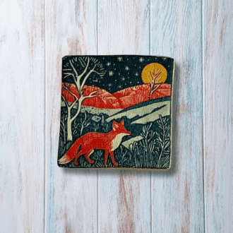 Square handmade brooch with a bright fox print.