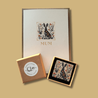 A handmade hare brooch and card gift set for a special Mum.