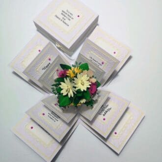 A pop-up card celebrating Mother's Day, featuring a bouquet of paper flowers at the center. The card is intricately designed with multiple layers of folded paper, decorative elements, and heartfelt messages. The outermost layer includes pink embellishments and panels with text, such as 'To a very special Mother’s Day on 14th May for Eleazar & Rebeccah,' 'Life doesn’t come with a manual, it comes with a mother,' 'Happy,' 'Beautiful Mother,' and 'You mean the world to me and I love you so much.