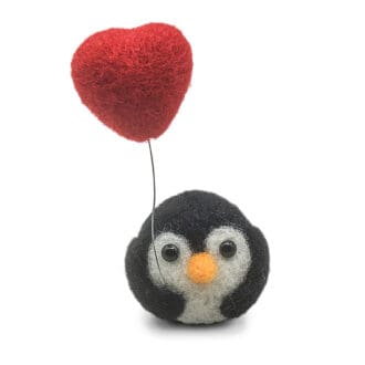 Handcrafted needle-felted penguin holding a red heart-shaped balloon, perfect for romantic or thoughtful gifts."