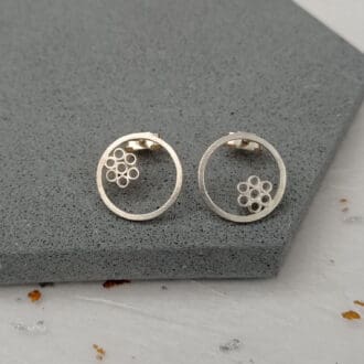 recycled sterling silver circle studs with bubble flowers